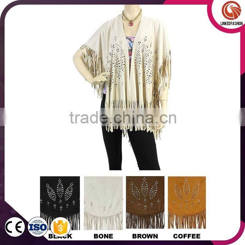 2016 New fashionable tassel promotional suede poncho