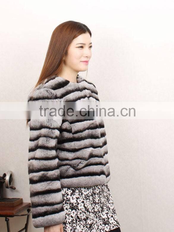 Luxurious Real Chinchilla Rex Rabbit Fur Coat For Sexy Women / Long Fur Overcoat