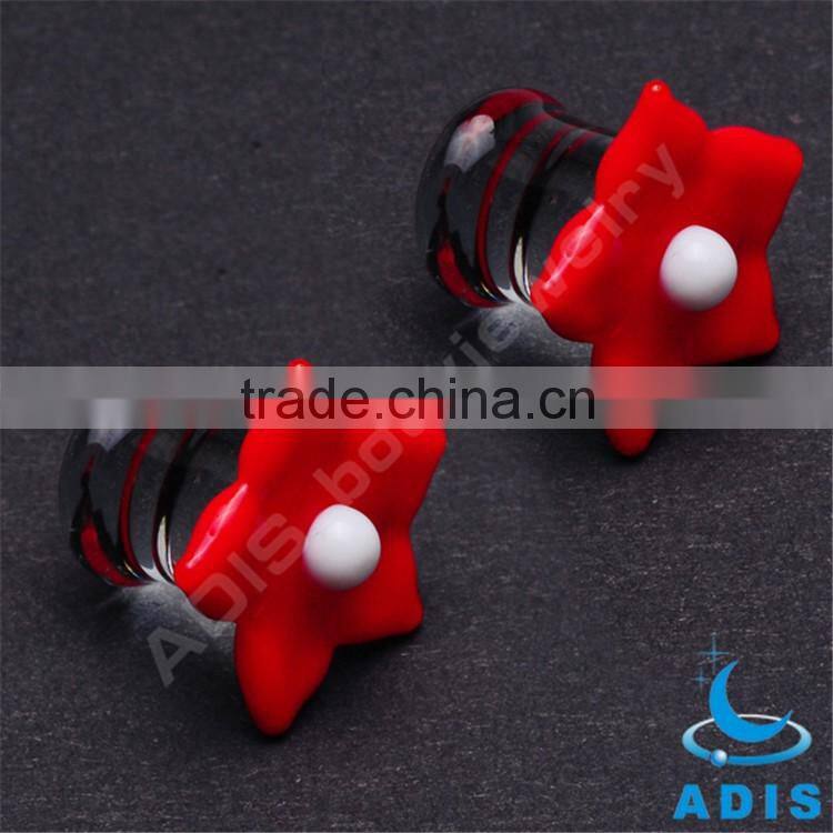 Cute Pretty Girls Red Flower Shape Tranparent Glass Ear Plugs