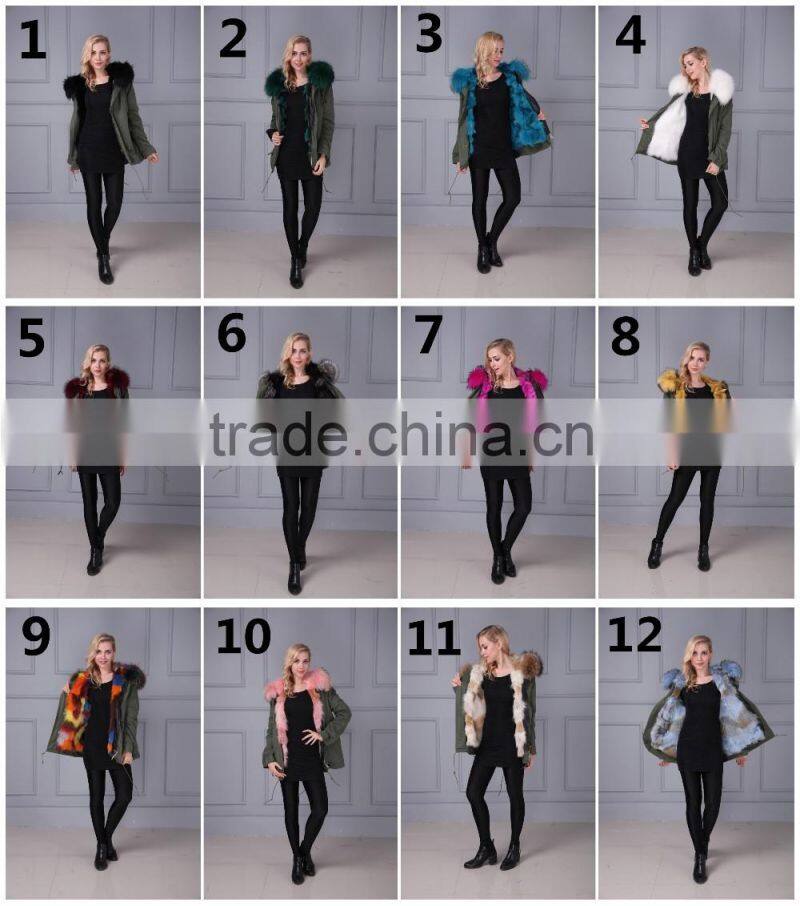 Women Detachable Raccoon Fur Collar Lined Fox Fur Hooded Parka