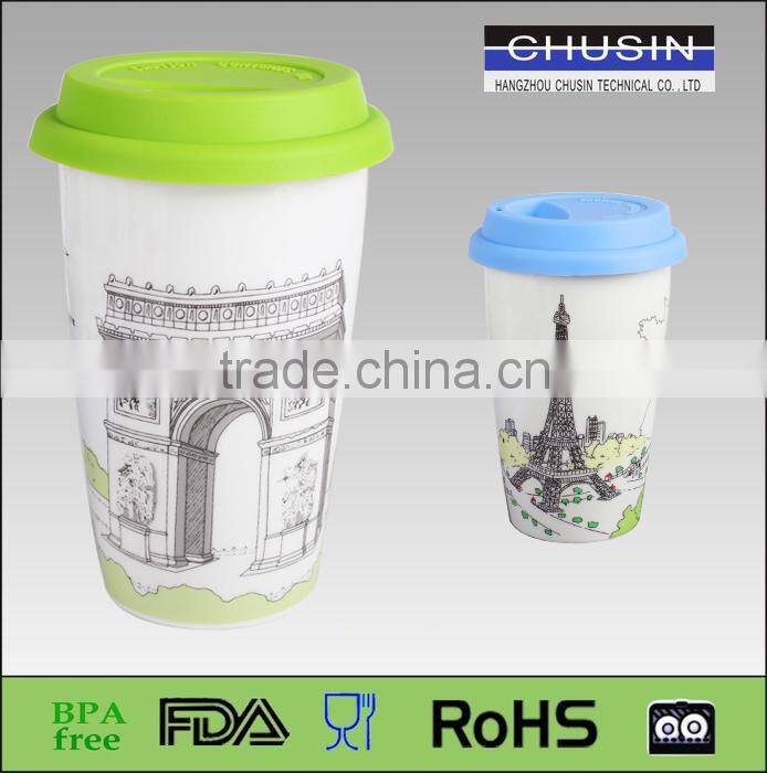 Double wall BPA free ceramic coffee cup with colorful silicone sleeve and lid