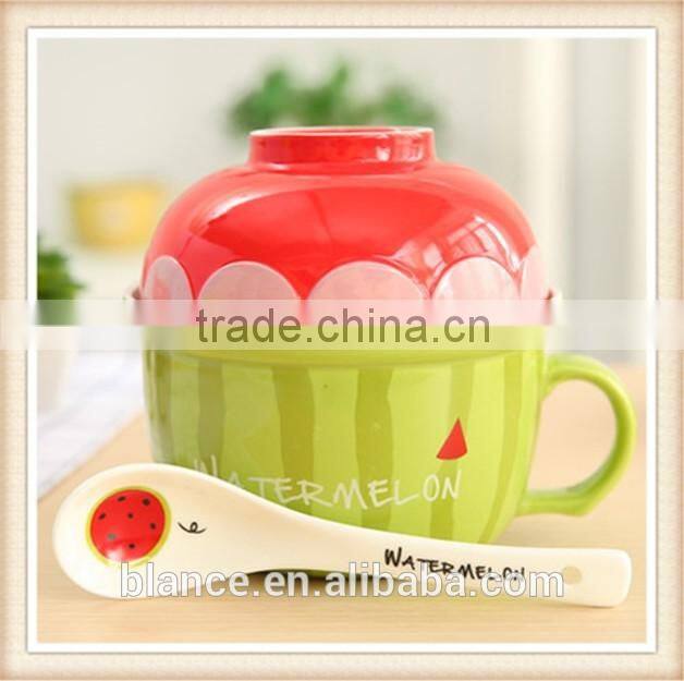 large ceramic soup bowl set with spoon in fruit shape design
