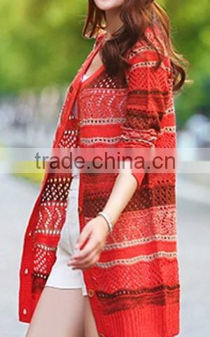 Womens' V neck long sleeve all-over pointell&stripes cardigan coat knitted sweater with button from alibaba china