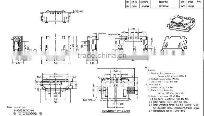5 pin mini female usb connector tin-plated
