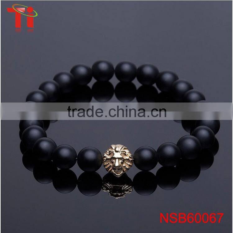 8mm black natural matt onxy beads lion head charm bracelet, most popular stainless steel jewelry bracelet for men