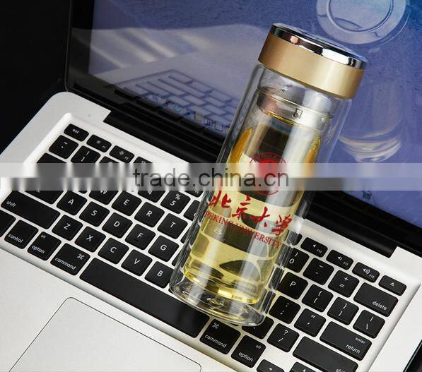 2016 new design double wall glass bottles tea infuser water bottle with PP lid