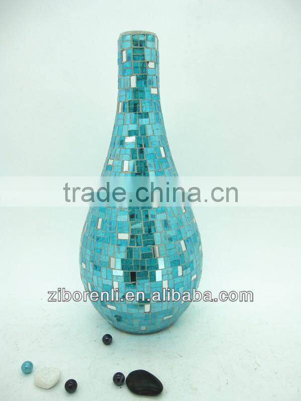 Table Decor Mirrored Mosaic Blue Color Long Neck Handmade Mosaic Antique Flower Vase