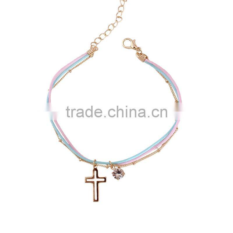 gold cross star zircon charms bracelet layered colorful silk cord gold chain bracelet