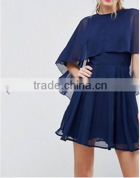 OEM Service Supply Type And Evening / Formal Dresses Type Elegant Evening Dress/ Navy Chiffon Dip Back Cape Mini Dress