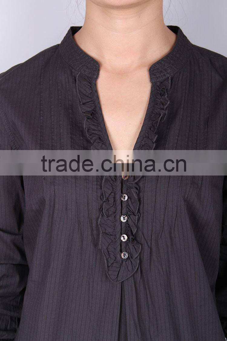 Women ruffle placket blouse , yarn dye long sleeve blouse/tops
