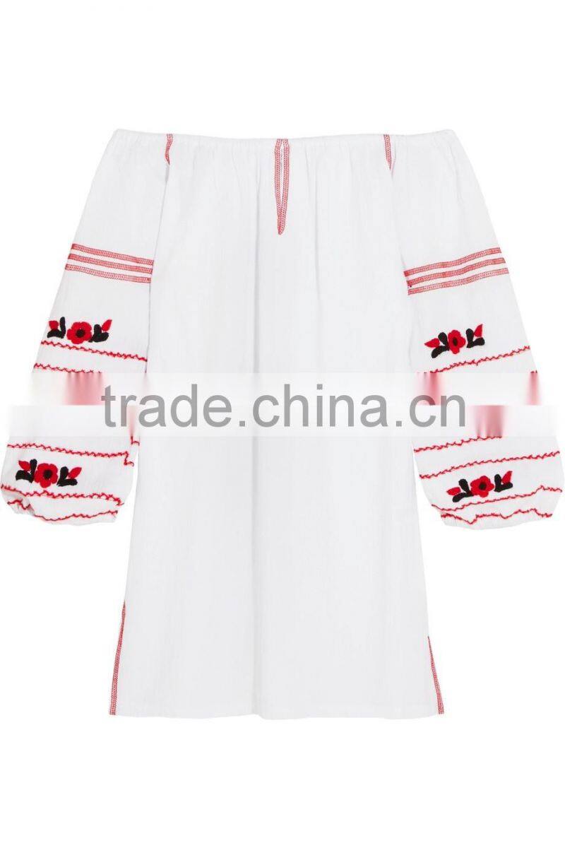 Latest Boho Clothing Mexican Off-The-Shoulder Embroidered Cotton Mini Dress Design For Ladies Machine Embroidery HSD5855