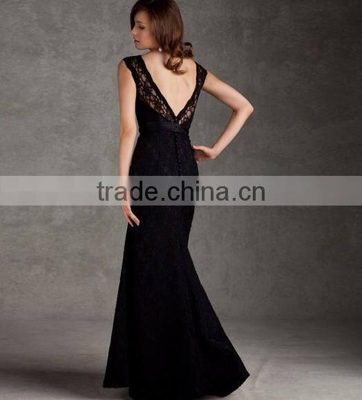 best long black lace sleeveless open back evening dress