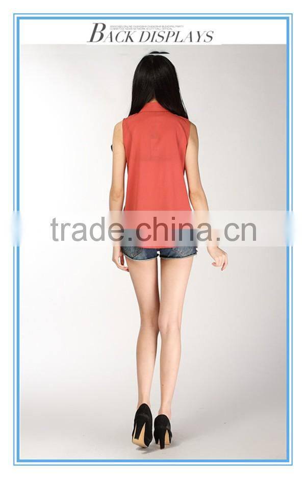 2016Fashion Coral Applique Sleeveless Chiffon Women Blouse Tops Designs