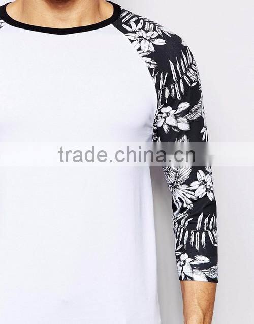 Men muscle fit floral pattern print contrast long raglan sleeve white t-shirt OEM custom