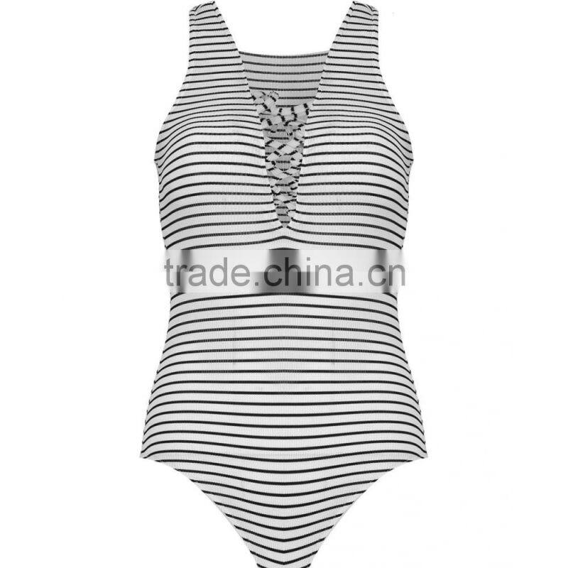2016 New Fashion Lace Up Front Sleeveless Bodysuits Young Girl Black White Stripe Women Tops