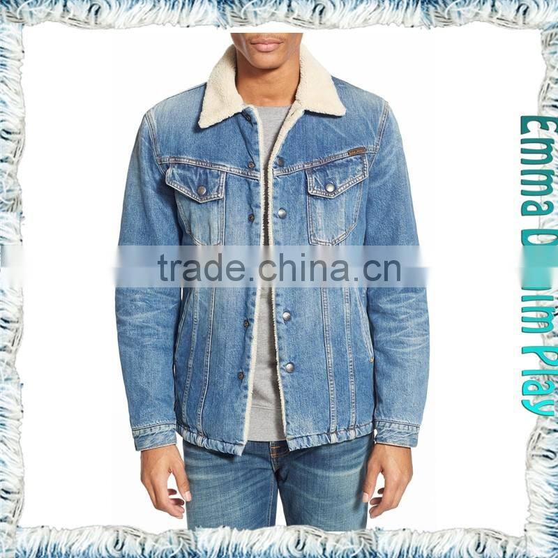 2016 Wholesale Men's Raw Blue Slim Long Sleeve Thick Fleece Lined Winter Denim Jackets