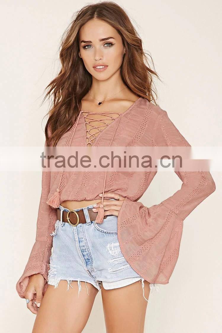 2016 high quality plain dyed cotton fashionable summer bell sleeve blouse