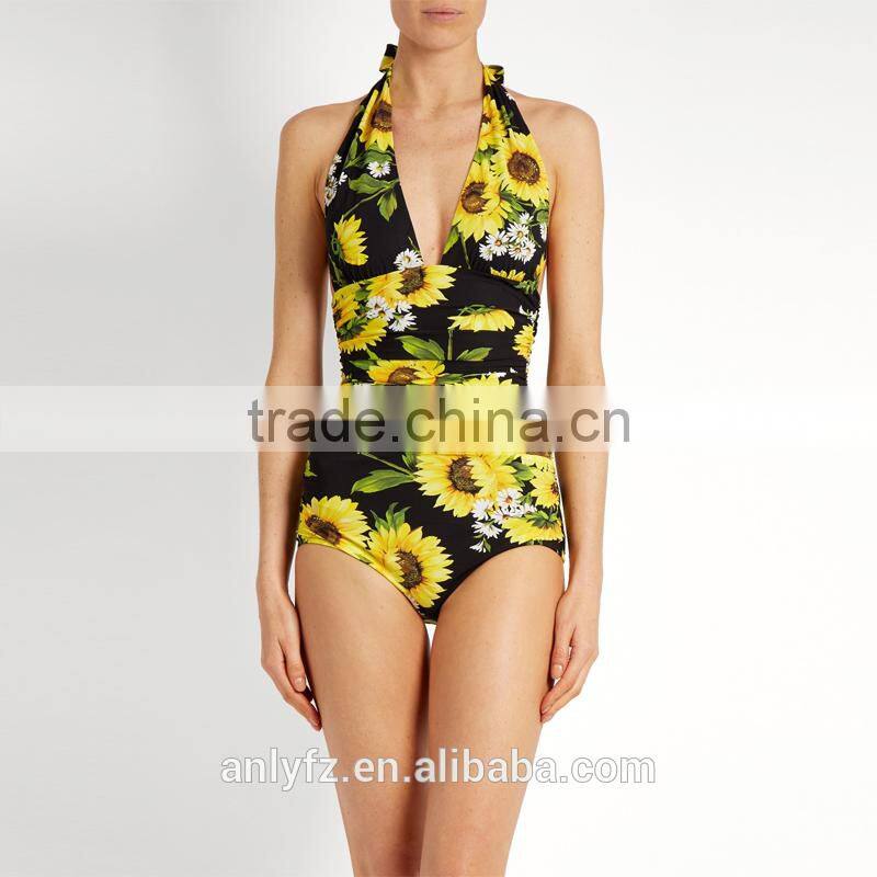 Sexy women's deep v-neck ruched sides sunflower-print self-tie halterneck swimsuit