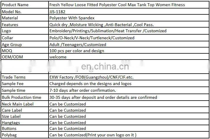 Fresh Yellow Loose Fitted Polyester Cool Max Tank Top Women Fitness