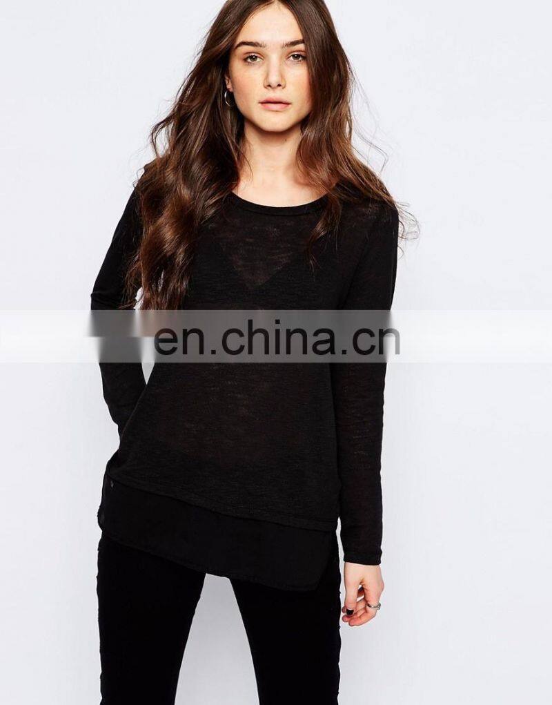 High quality woman knit Long sleeves blouse in black color with chiffon hem