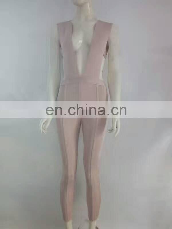 Amigo 2017 fashion beige sleeveless deep V neck low-cut backless bandage evening jumpsuits for women