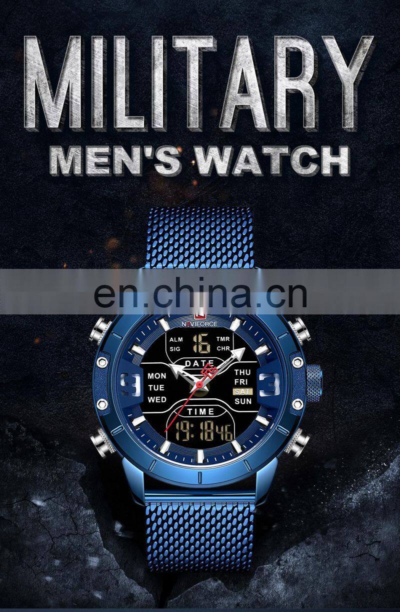 Naviforce 9153 custom blue fashion men quartz wrist watch chronograph private label oem analog digital display led watches