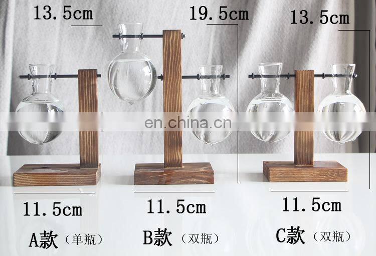 Terrarium Hydroponic Plant Vases Vintage Flower Pot Transparent Vase Wooden Frame Glass Tabletop Plants Home Bonsai Decor