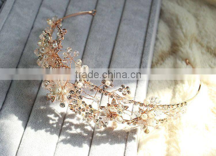 2015 Hot Sale Handmade Rhinestone Golden Flower Hair Band Hair Accessories for Women