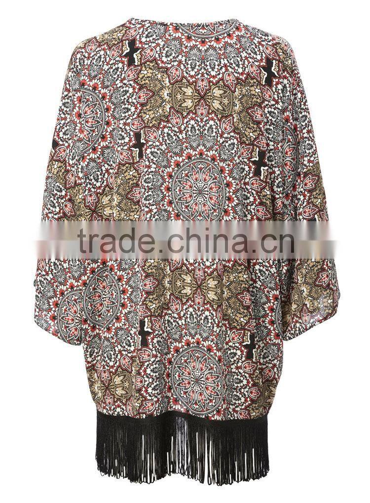 2015 Latest European Summer Fashion Red Fringed Tassel Kimono