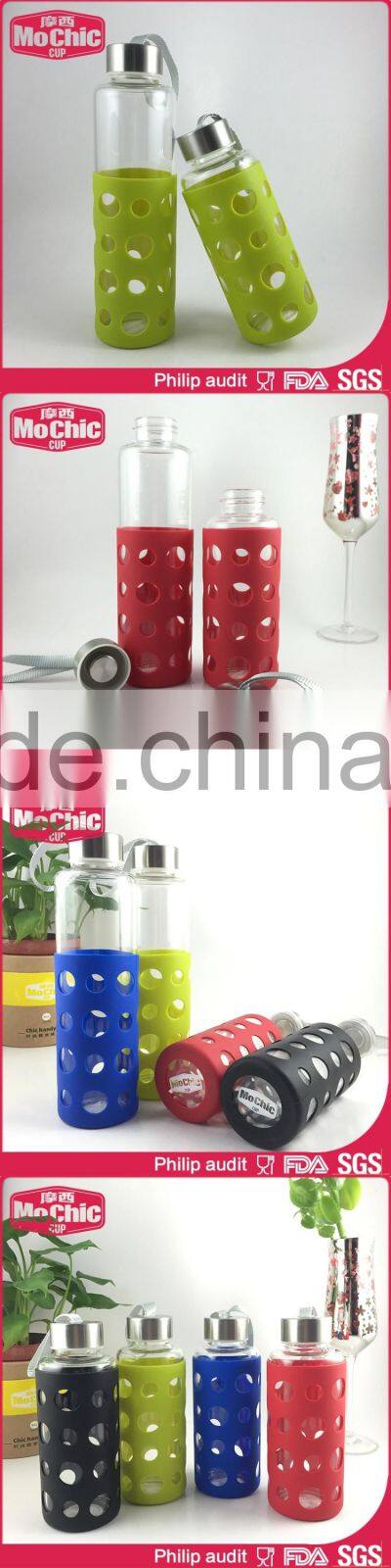 400Ml/550ML Mochic reusable customized glass water bottle with metal cap and silicone sleeve