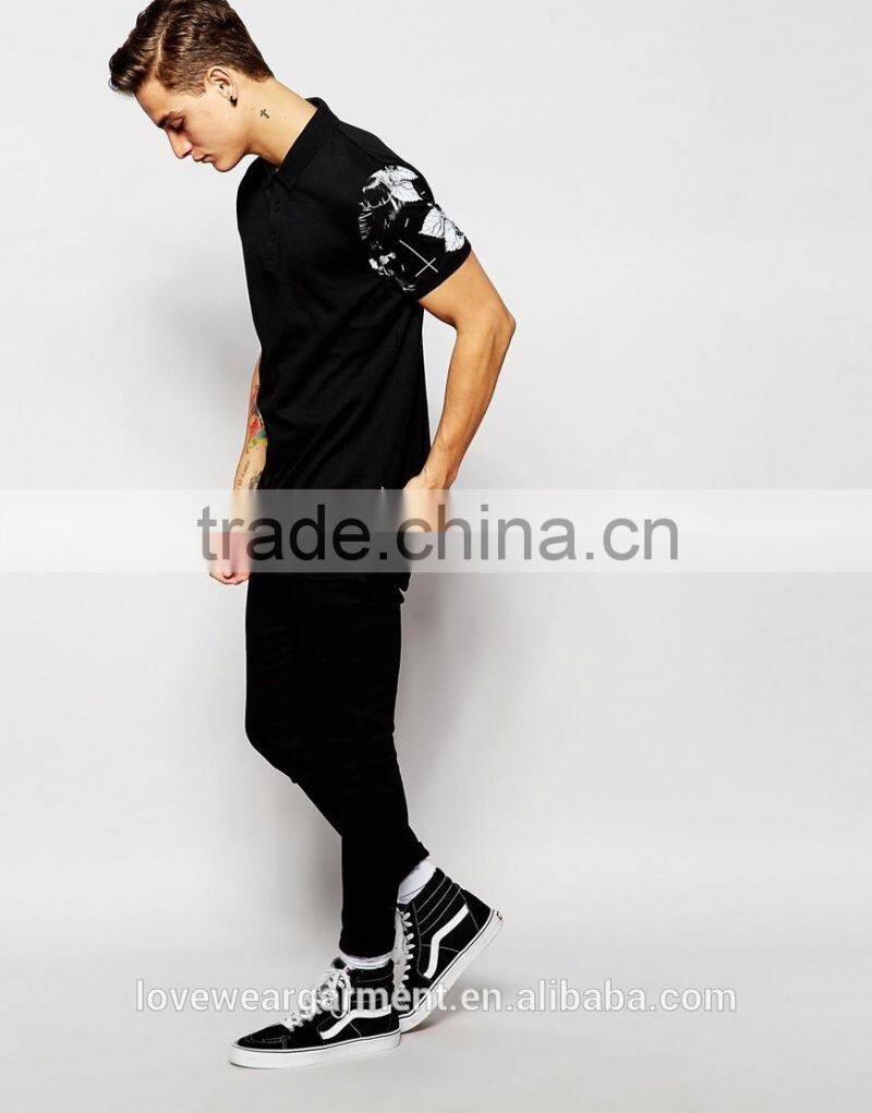 longline polo shirt with floral sleeve print & side zips