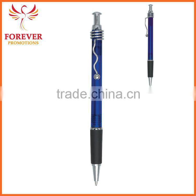 Exhibition Conference Custom Wired Clip Plunger Action Ballpoint Pen With Rubber Grip Ball Pen Supplier