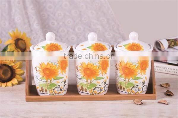 Olive Handpainted Ceramic Tea Coffee Sugar Canisters Set with Bamboo Stand