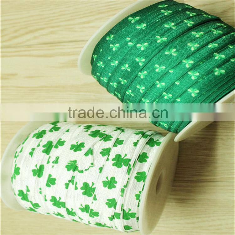 Wholesale print clover fold over elastic hair tie ,5/8'' FOE headband hairbands,50yards in spool