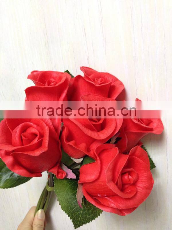 High quality artificial flowers wedding red 6 head rose bud bouquet for sale