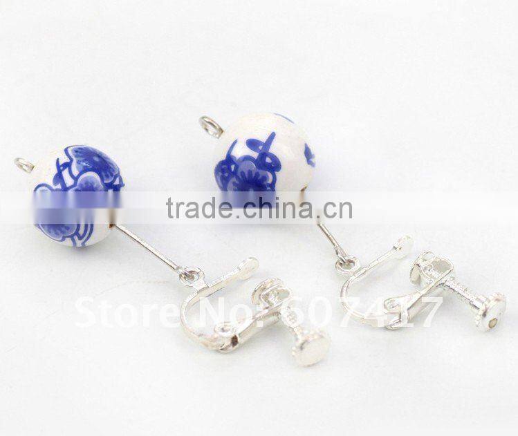 blue flower printed Qinghua porcelain ball shaped drop earings with clips