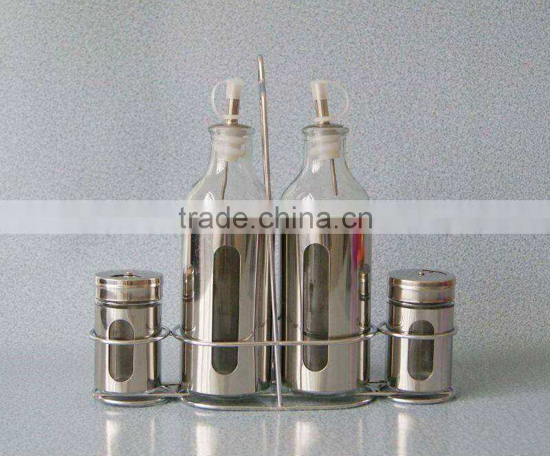 set 5 shining stainless steel coated glass cruet with metal rack
