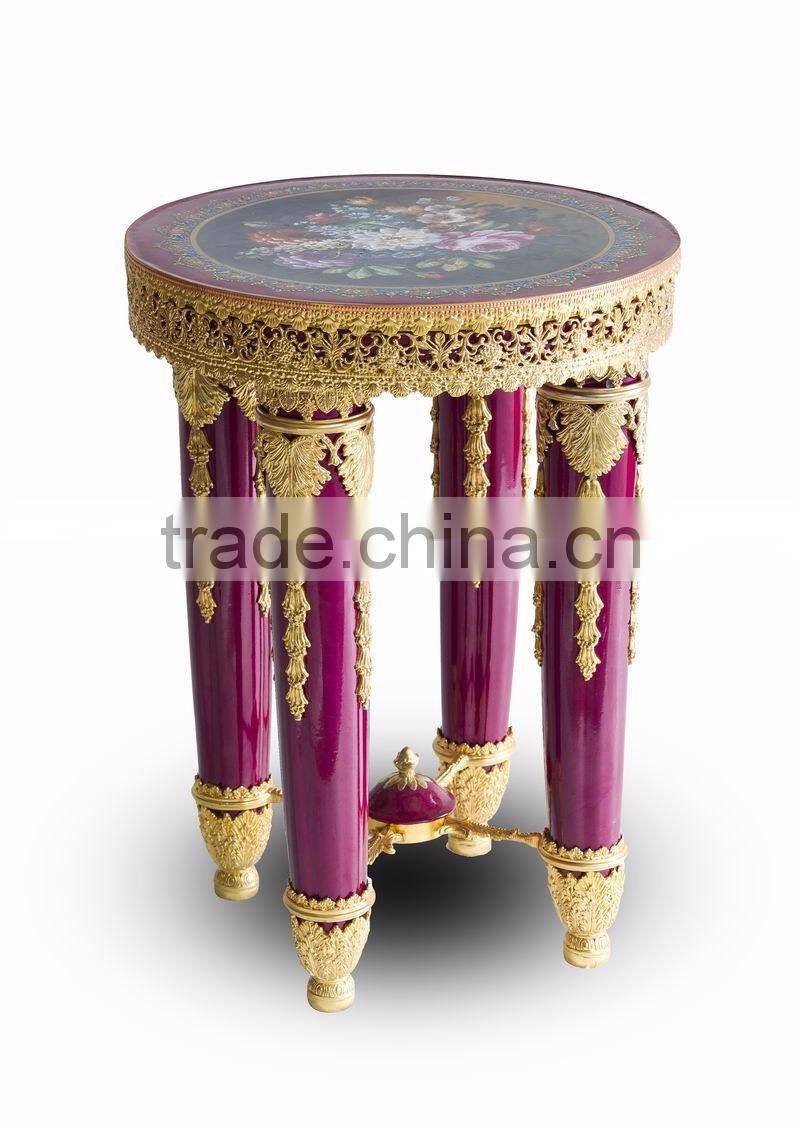 Antique European Small Round Porcelain Table, Hand Painted Ceramic Telephone Table, Home Decorative Gilt Brass Mounted Side Tabl