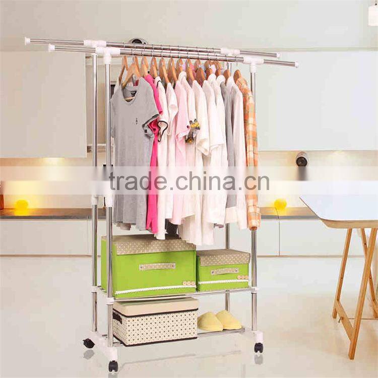 Stainless Steel Adjustable Telescoping Vertical and Horizontal Bars Double Rails Rolling Clothing Rack and Garment Rack