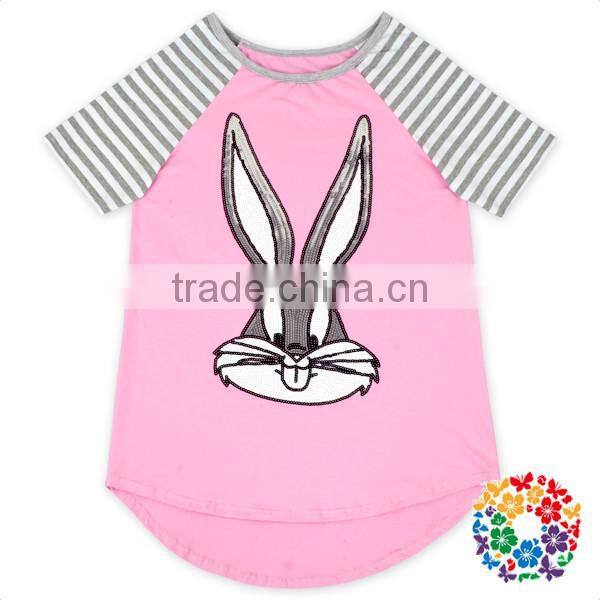 red white stripe short sleeve raglan cute cartoon sequin rabbit kids t-shirt wholesale
