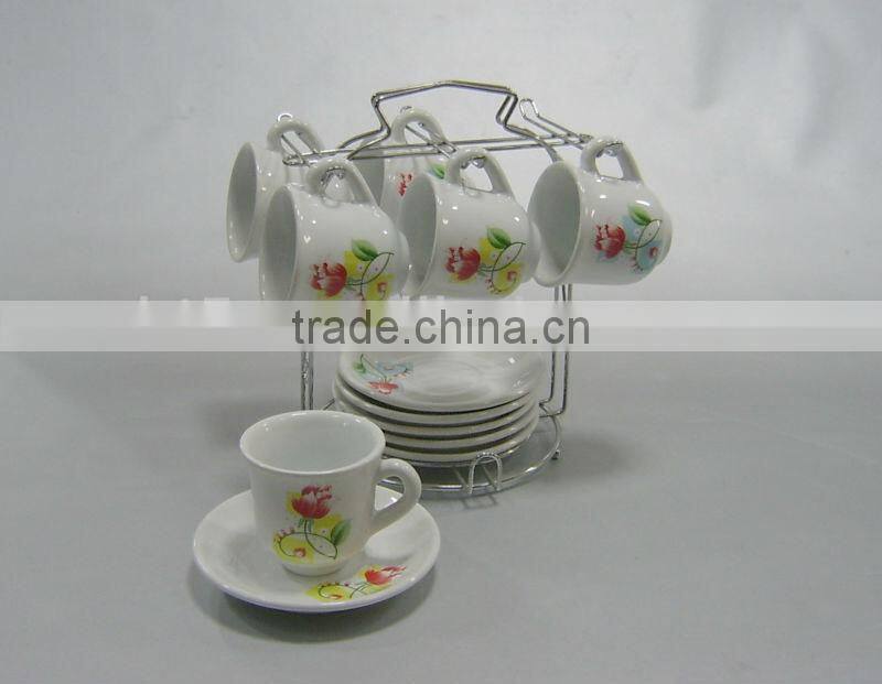 Rose decal ceramic mug and saucer with rack