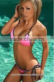 Neon Pink Black Polka Dot Trim Modern Single Rise Triangle Bikini