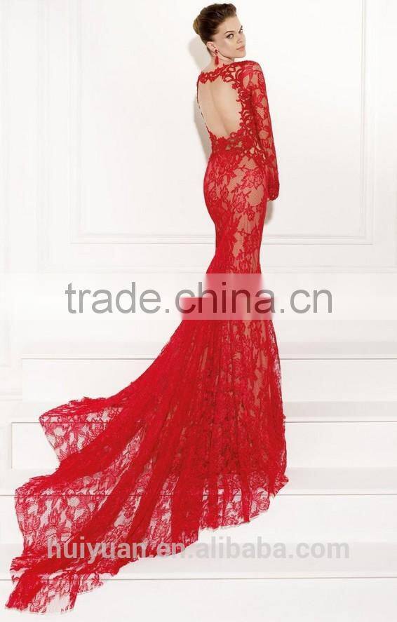 sexy lace backless mermaid long sleeve red evening dress