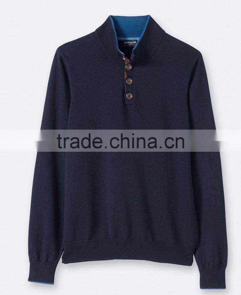 High Quality Wholesale knit wear Men's button high-neck sweater with suedette elbow patches (BKNM16)