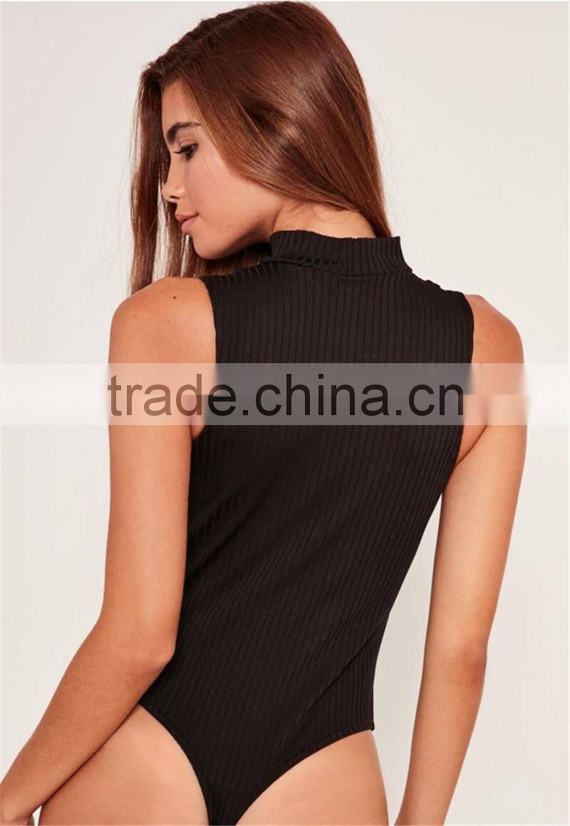 MGOO 2017 Wholesale Zip Up Front Black Bodysuits Ribbed Chocker Neck Fashion Cheap Sleeveless Blouses Custom Design