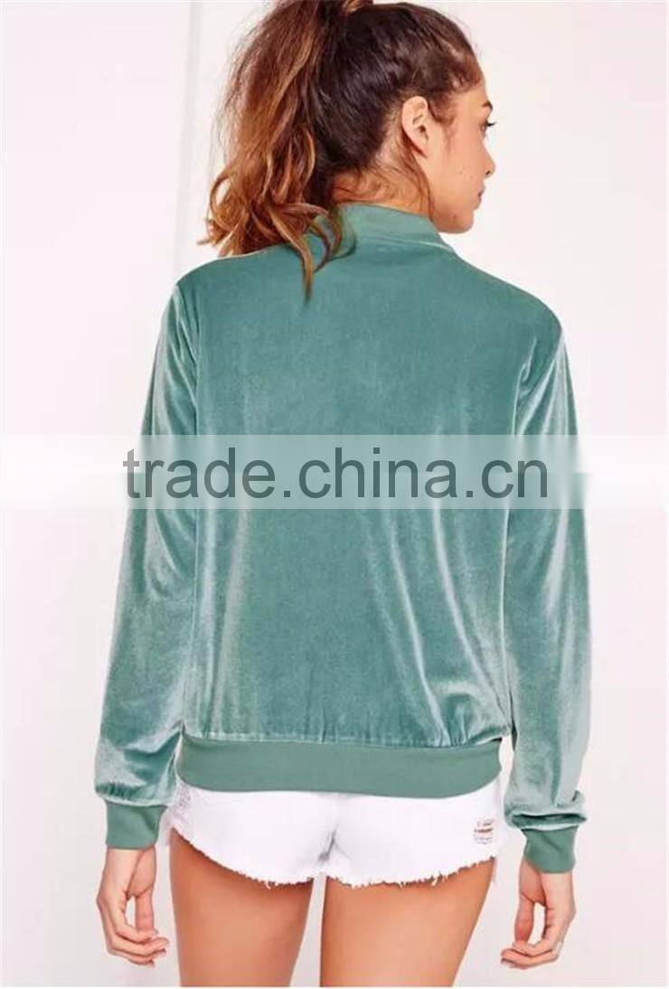 Women Velvet Bomber Jacket Green Ribbed Trim Zip Up Coat With Side Pockets With Custom Tag And Label