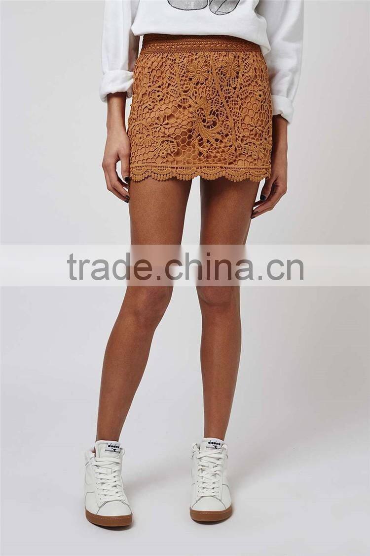 Wholesale OEM Services Crochet Mini Skirt For Ladies Lace Brown Mini Skirts With Wide Stretch Waistband