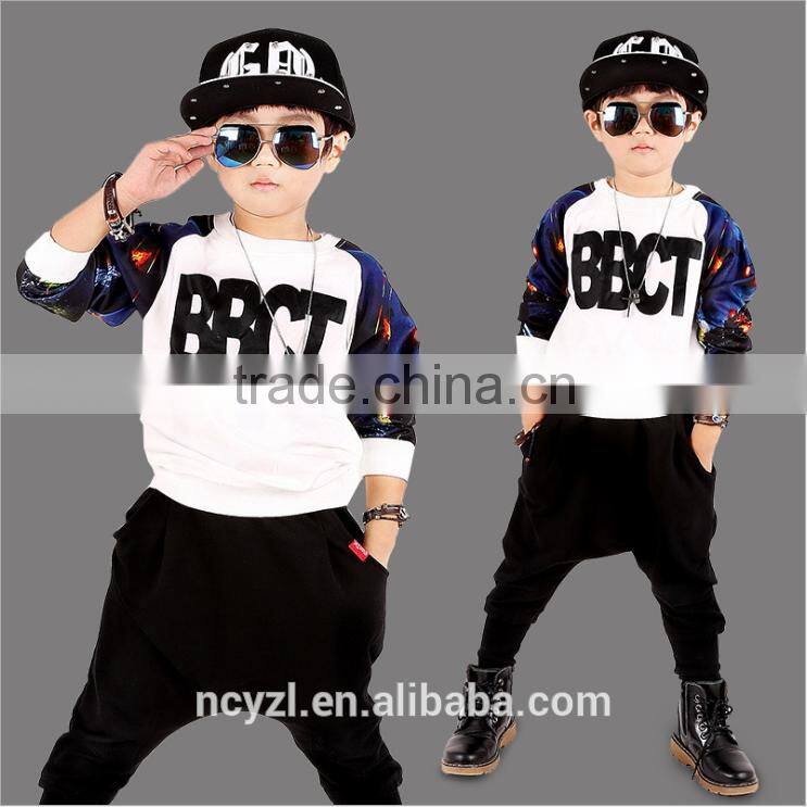 custom wholesale handsome 95% cotton 5% polyester kids winter and printing boys dance costume hoodies and harem pants sets