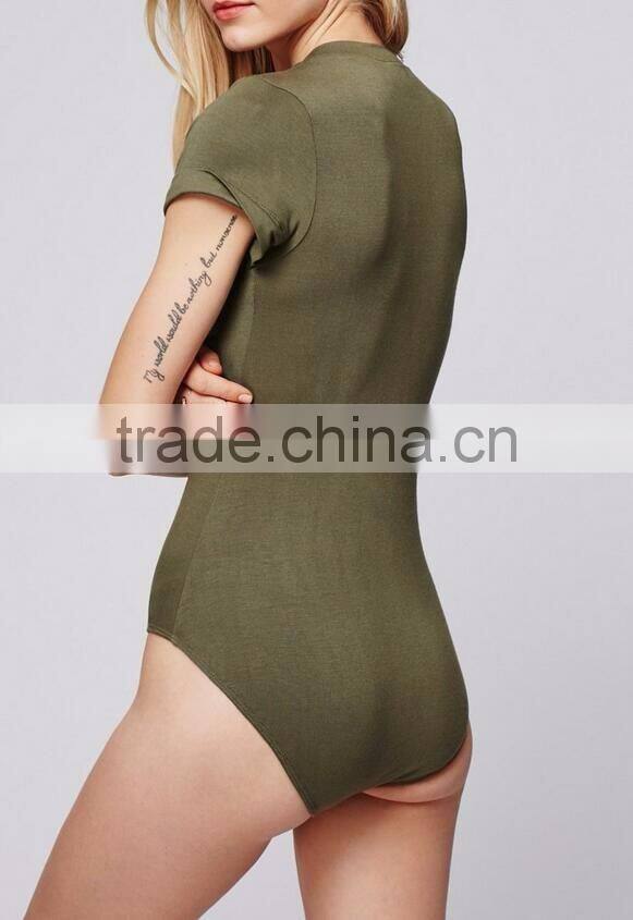 Runwaylover Rolled Short Sleeve V Neck Bodysuit For Women