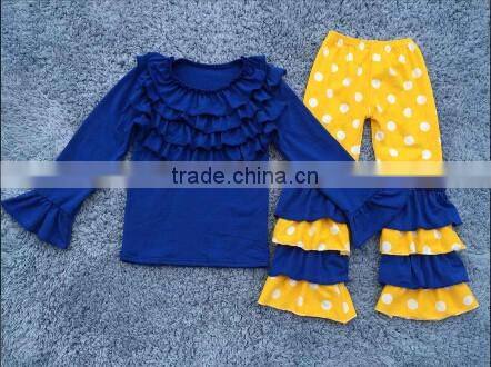 Latest design 2016 fashion girls floral print bib dsess sets wholesale children boutique clothes puffy babys stripe ruffle pant